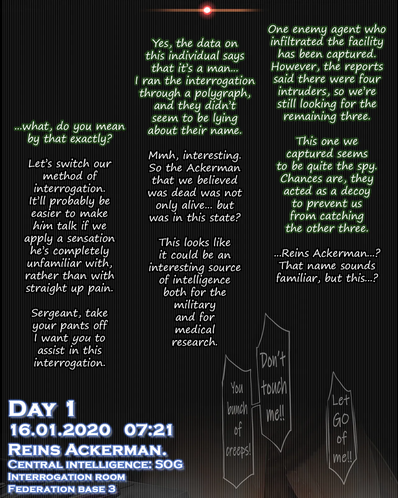 Other artist's character special january issue: The interrogation of Reins Ackerman page 1 full