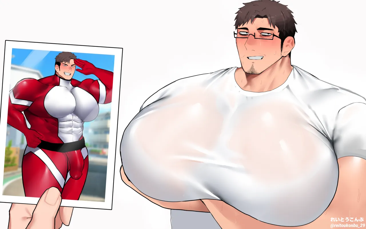 A picture of a former veteran, chubby, big-assed, big-breasted, middle-aged hero  wearing his old hero suit, being impregnated by his younger husband and reaching a climax with breast milk squirting. page 3 full