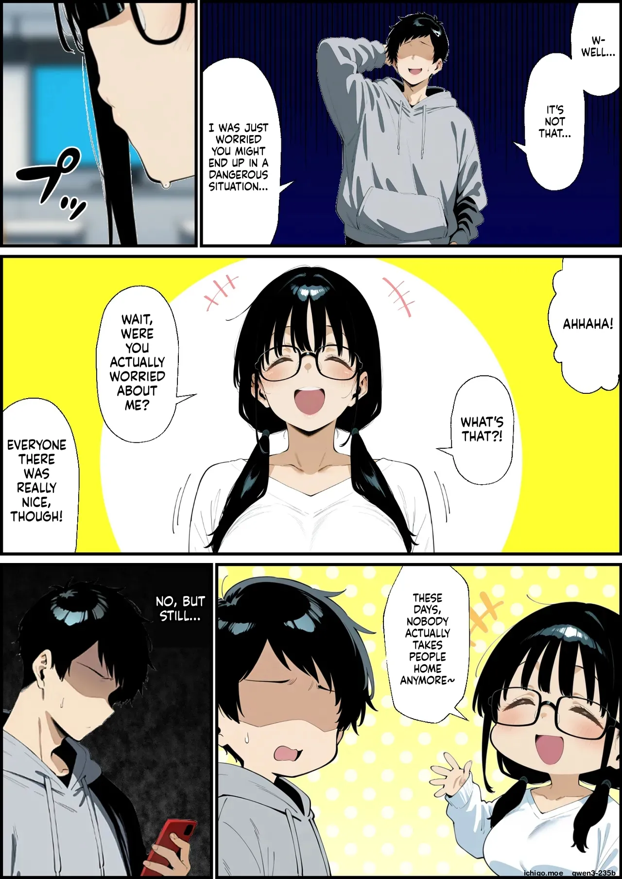 The story of a plain, bespectacled, big-breasted girlfriend who doesn't come home from a club drinking party AI Generated page 3 full