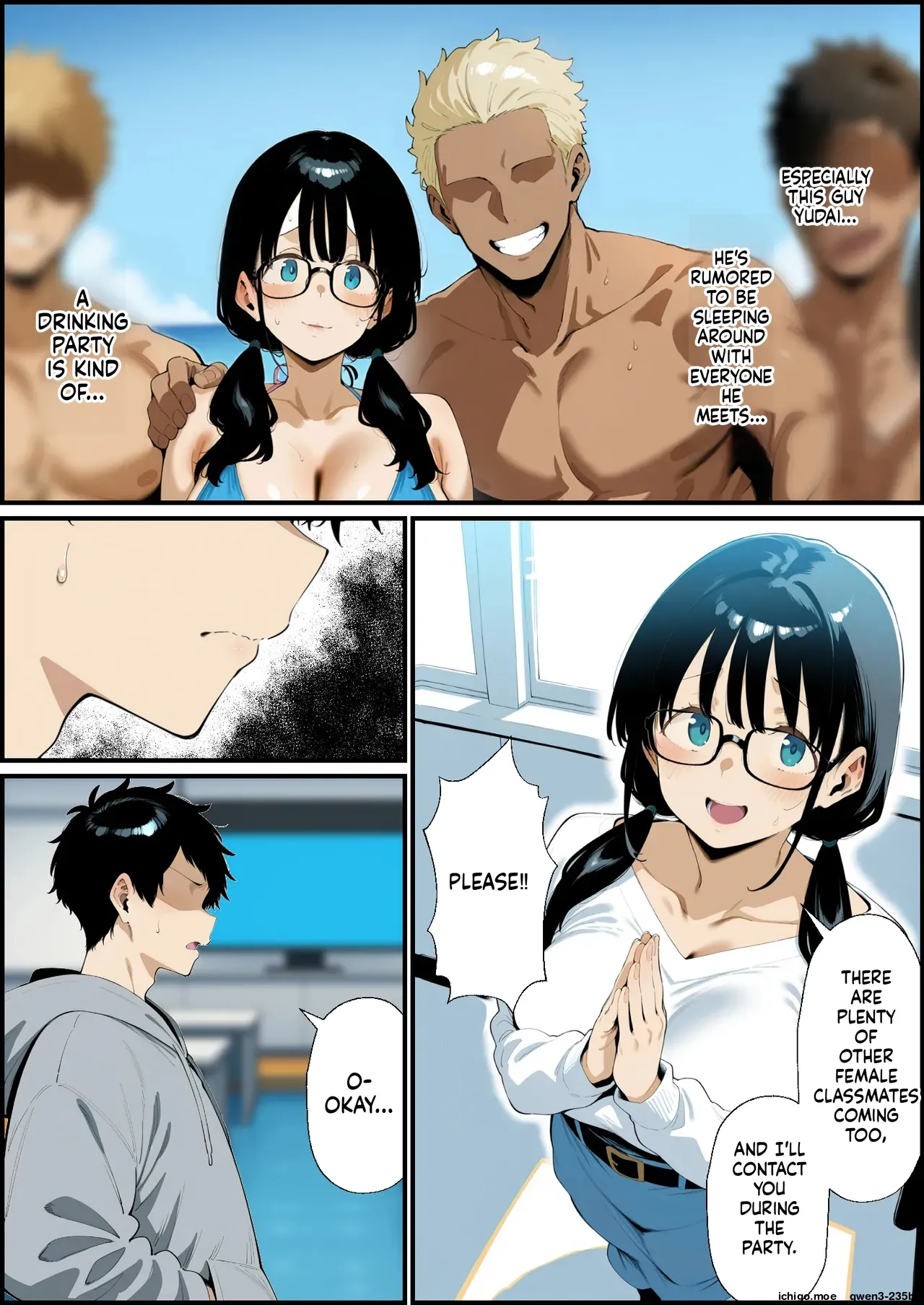 The story of a plain, bespectacled, big-breasted girlfriend who doesn't come home from a club drinking party AI Generated page 5 full
