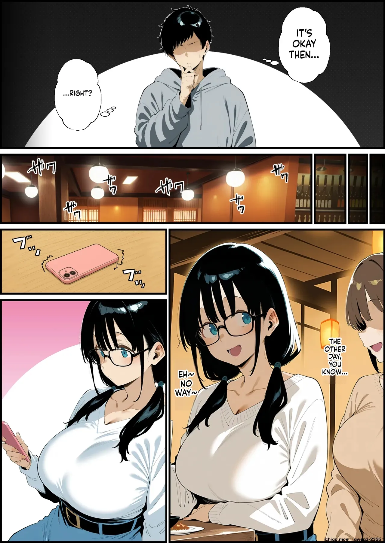 The story of a plain, bespectacled, big-breasted girlfriend who doesn't come home from a club drinking party AI Generated page 6 full